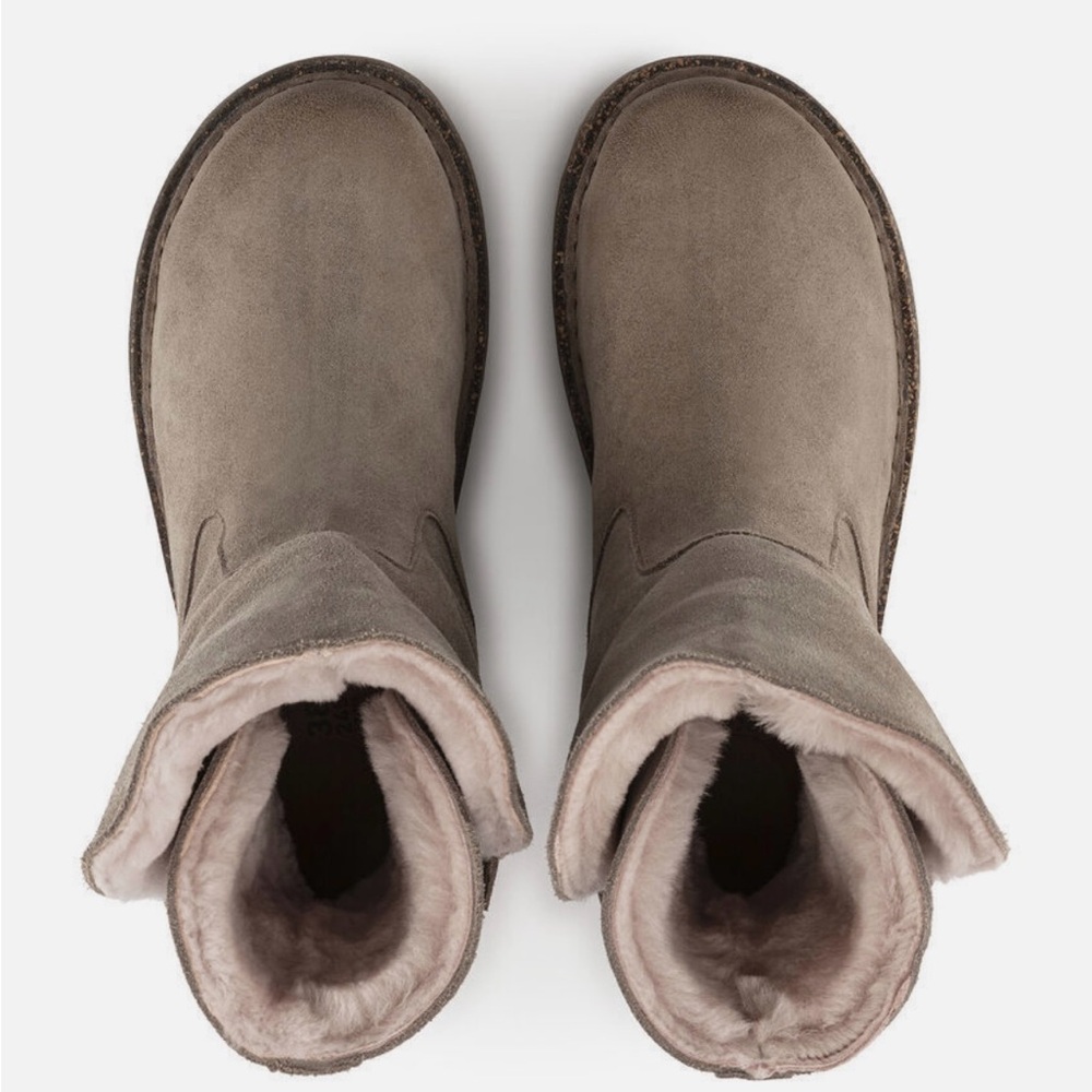 Birkenstock Uppsala Shearling Boot in Gray Taupe with pink shearling size 8